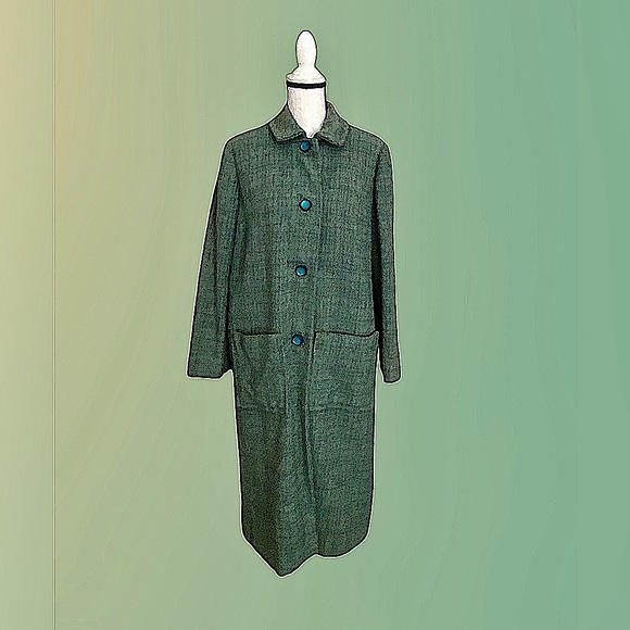 EUC! WOMEN’S VINTAGE GRAYISH-GREEN TWEED WOOL LONG COAT - Picture 6 of 11
